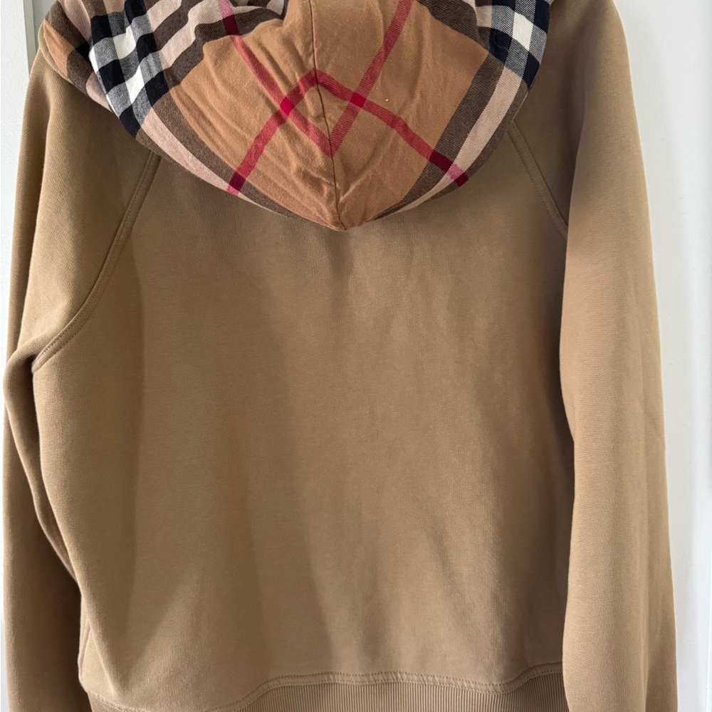 Burberry Camel zip up hoodie with plaid print hood - Picture 3 of 5